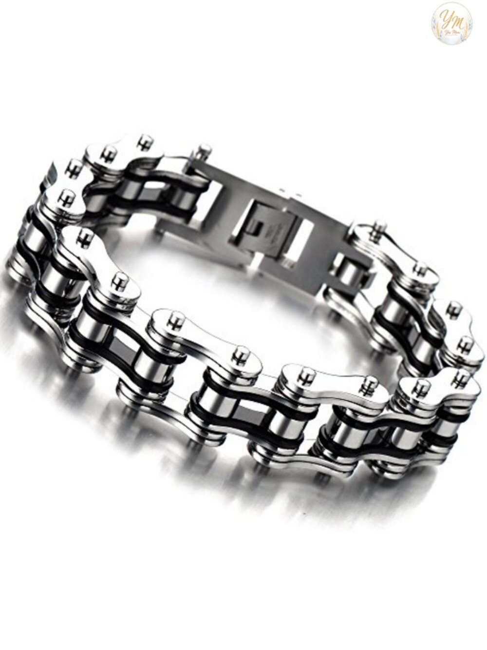 Mens Stainless Steel Bike Chain Bracelet Two-Tone Polished Link 8.9in